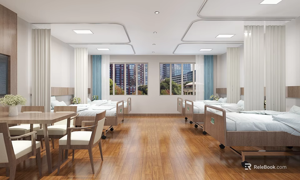 Spacious Hospital Ward Interior With Comfortable Beds Windows And Wooden Tables 3d model 