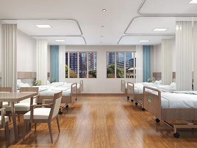 Spacious Hospital Ward Interior With Comfortable Beds Windows And Wooden Tables 3d model