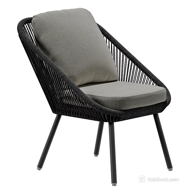 Modern Single Sofa With Black Rattan Frame Gray Cushion And Metal Legs 3d model 