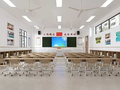 Spacious Well lit Classroom Interior With Desks Chairs Blackboard And Fans 3d model