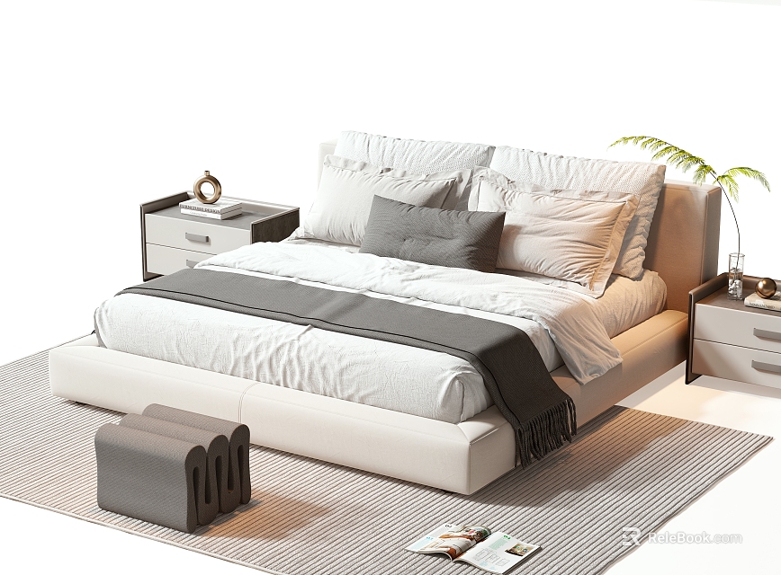 Modern Double Bed Design With White Frame Gray Pillows Bedside Tables And Area Rug 3d model 