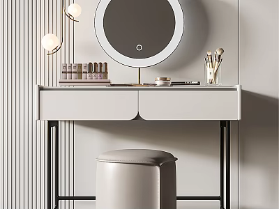Modern White Dressing Table With Round Mirror Table Lamps Cosmetics Makeup Brushes And Upholstered Stool 3d model