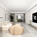 Modern Living Dining Room Interior With Sofa Coffee Table TV Plants And Circular Ceiling
