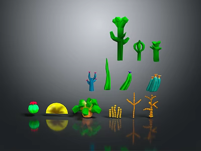 Various Green Plants With Different Shapes Including Cactus and Colorful Yellow Red Accents 3d model