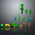 Various Green Plants With Different Shapes Including Cactus and Colorful Yellow Red Accents