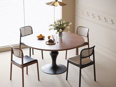 Round Wooden Dining Table With Four Woven Backrest Chairs Flower Vase Fruit Plate And Glasses 3d model