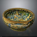 Ornate Decorative Ceramic Bowl With Colorful Scenic Patterns Gold Rim And Sturdy Base