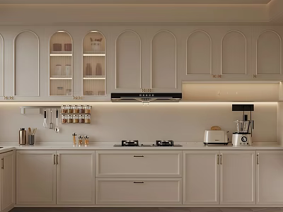 Modern Minimalist Kitchen With Light Gray Arched Cabinets Glass Doors And White Countertop 3d model