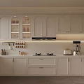 Modern Minimalist Kitchen With Light Gray Arched Cabinets Glass Doors And White Countertop