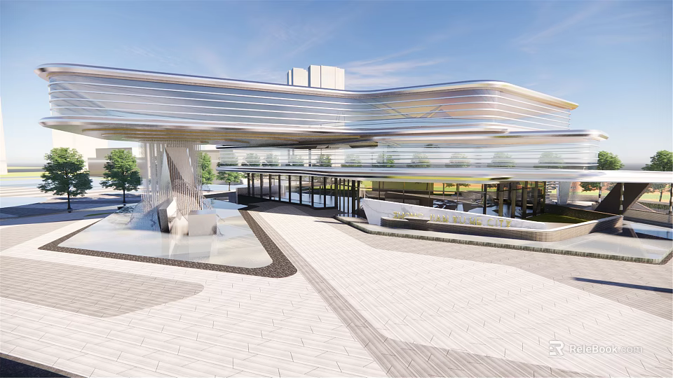 Modern Exhibition Entrance Architectural Design With Glass Metal Structure And Brick Paved Plaza 3d model 