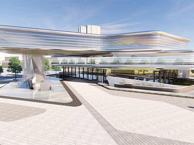 Modern Exhibition Entrance Architectural Design With Glass Metal Structure And Brick Paved Plaza 3d model
