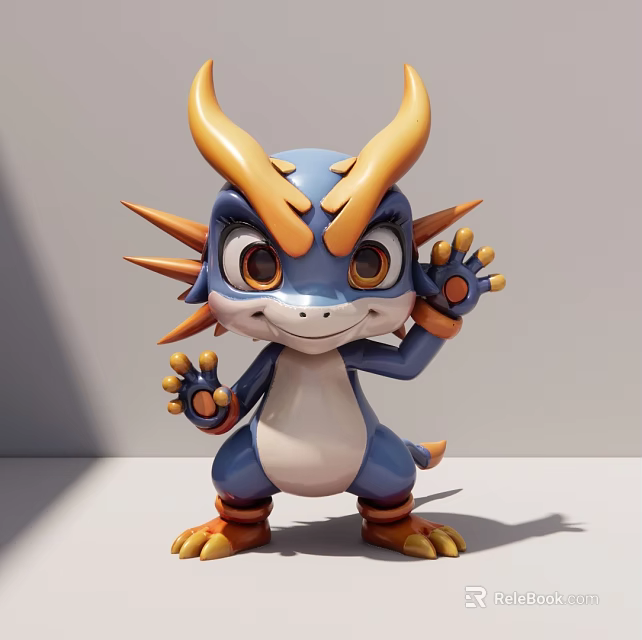 Cute Blue And Yellow Dragon Game Movie Character With Horns And Spikes 3d model 
