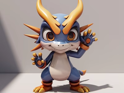 Cute Blue And Yellow Dragon Game Movie Character With Horns And Spikes 3d model