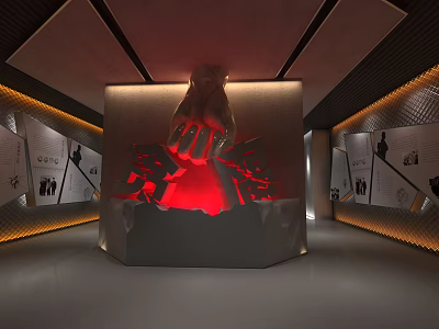 Lingyin Themed Sculpture Illuminated Red In Exhibition Hall With Display Panels 3d model