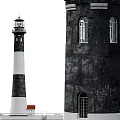 Lighthouse Structure Featuring Lantern Room Tower and Small White Cottage Red Roof 3d model