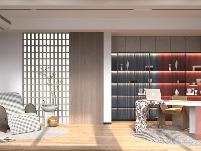 Modern Study Room Interior With Lattice Partition Wooden Floor Red Backed Bookshelves Desk And Laptop 3d model