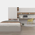 Modern Bedroom Interior with Gray Bed Frame Bedding Pillows White Cabinets Desk Yellow Chair Wooden Floor
