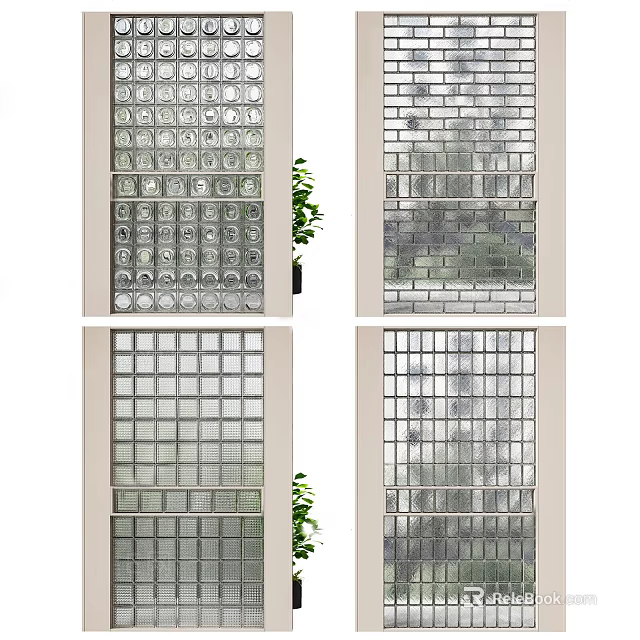 Modern Glass Partition Screens With Diverse Patterns And Green Plant Decor 3d model 