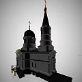 Elegant European Architecture With Twin Towers Black Dome Golden Crosses Arched Doorway And Ornate Windows