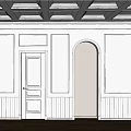 White Hinged Door In Room With Wainscoting Wooden Ceiling Beams And Arched Doorway