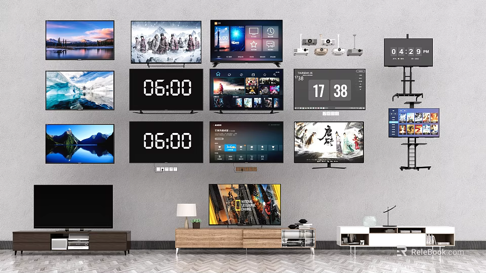 Multiple TV Screens Displaying Landscape Time Smart Interface Ads On Wall And Stands 3d model