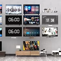 Multiple TV Screens Displaying Landscape Time Smart Interface Ads On Wall And Stands 3d model