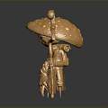 Detailed Golden Mushroom Shaped Sculpture Featuring Humanoid Figure With Curved Staff And Small Creature