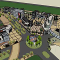 Modern Commercial Street Design With Green Spaces Water Features And Pedestrian Areas