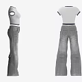 Stylish White Short Sleeve Top With Dark Trim And Gray High Waisted Wide Leg Jeans