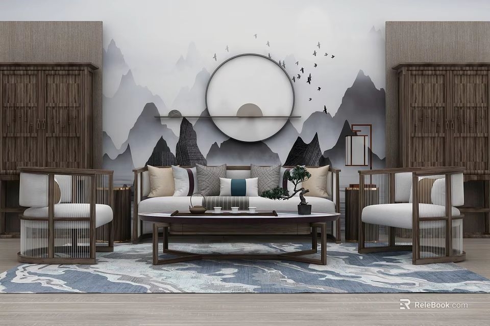 Chinese Style Sofa And Coffee Table Set With Mountain Pattern Wall Circular Decoration And Armchairs 3d model
