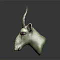 Green Fantasy Creature Head Sculpture With Red Spiral Horns And Purple Red Stripes
