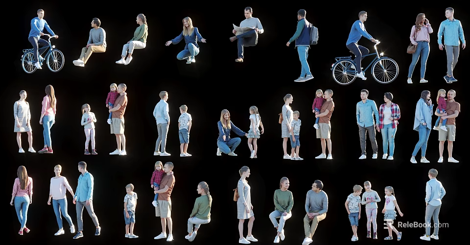 Multiple People in Diverse Poses Including Standing Sitting and Biking Activities on Black Background 3d model 