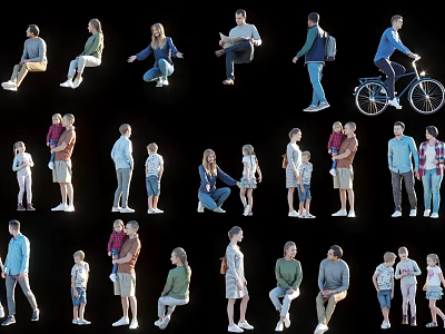 Multiple People in Diverse Poses Including Standing Sitting and Biking Activities on Black Background 3d model