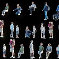Multiple People in Diverse Poses Including Standing Sitting and Biking Activities on Black Background