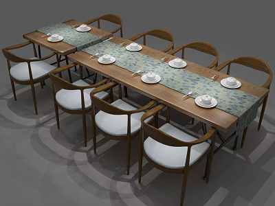 Wooden Dining Table Set with Armchairs Blue Table Runner and White Plates 3d model