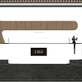 Modern Reception Desk Interior Design With Wooden Panel White Countertop Logo And Bright Lighting