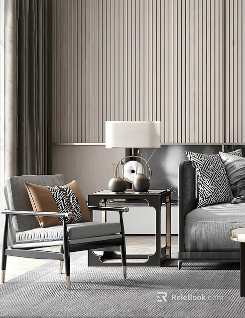 Modern Leisure Chair With Gray Fabric And Geometric Pillows Near Sofa And Metal Side Table 3d model 