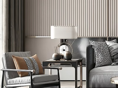 Modern Leisure Chair With Gray Fabric And Geometric Pillows Near Sofa And Metal Side Table 3d model