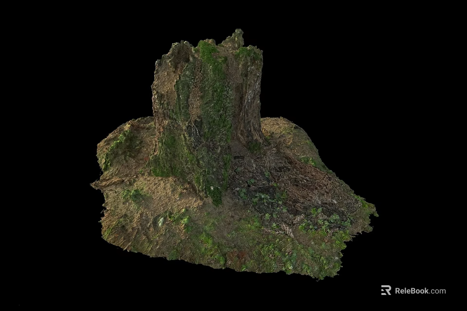 Natural Stone And Wood Tree Stump With Green Moss And Exposed Roots On Soil 3d model 