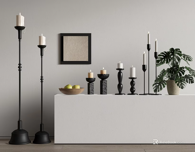Elegant Black Floor Candle Lamps on White Console Table with Monstera Plant and Fresh Fruits 3d model 