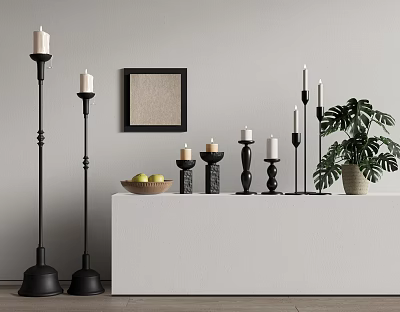 Elegant Black Floor Candle Lamps on White Console Table with Monstera Plant and Fresh Fruits 3d model