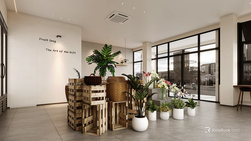 Fresh Blooms Flower Shop Interior With Wooden Crates Green Plants White Planters And Large Windows 3d model 