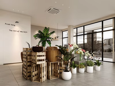 Fresh Blooms Flower Shop Interior With Wooden Crates Green Plants White Planters And Large Windows 3d model
