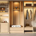 Modern Wooden Wardrobe Design With Hanging Area Drawers Storage Shelves Bags And Boxes