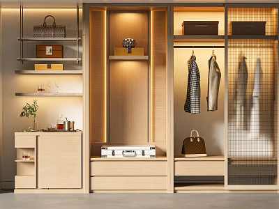 Modern Wooden Wardrobe Design With Hanging Area Drawers Storage Shelves Bags And Boxes 3d model