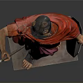 Man as Roman Soldier in Red Cloak Holding Spear and Shield Standing on Base