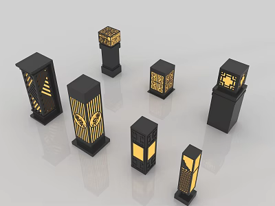 Stylish Black Outdoor Lights with Gold Decorative Patterns and Various Designs 3d model