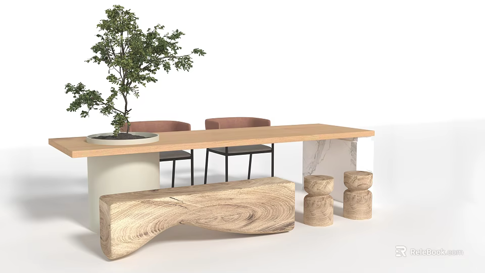 Modern Wooden Tea Table and Chairs with Bench Stools and Potted Plant 3d model 
