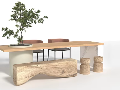 Modern Wooden Tea Table and Chairs with Bench Stools and Potted Plant 3d model