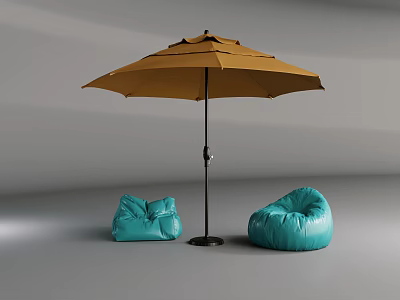Casual Sofa Set With Two Blue Bean Bag Sofas And Brown Umbrella 3d model